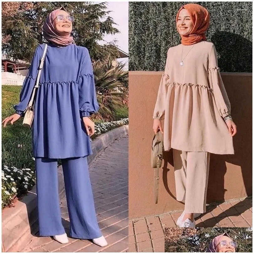 Etniska kläder 2 stycken Dubai Abaya turkiska hijab muslimska klänning kvinnor kaftan islamiska grote maten dames kleding ensemble femme drop del dh6eh