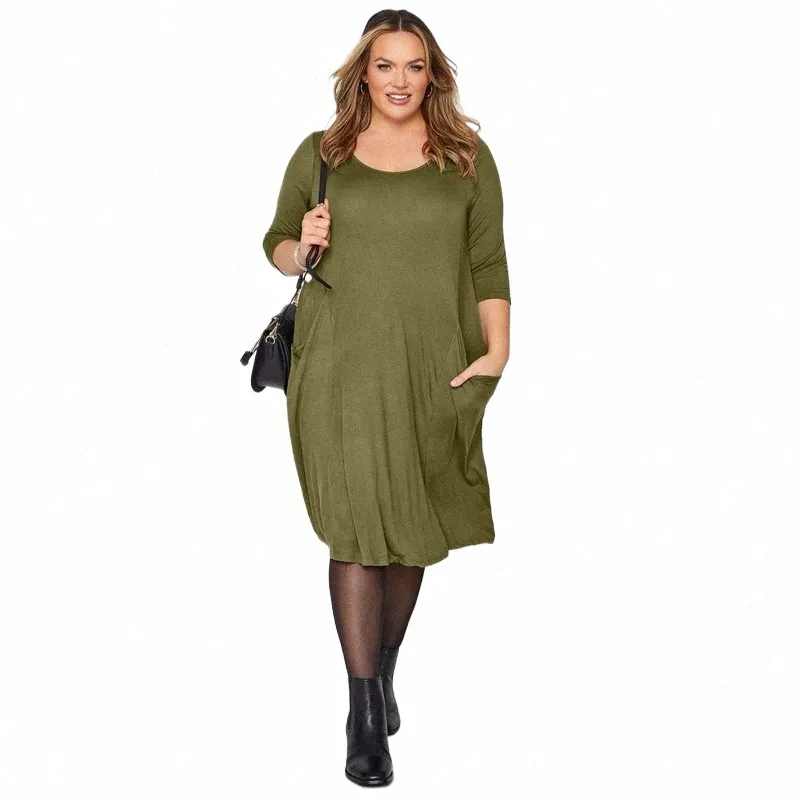 Plus Size Half Mouw Casual Zomertuniek Dr Pockets Frt Losse Rechte Midi Dr Grote Maat Flare Basic T-shirt Dr 7XL u9el #