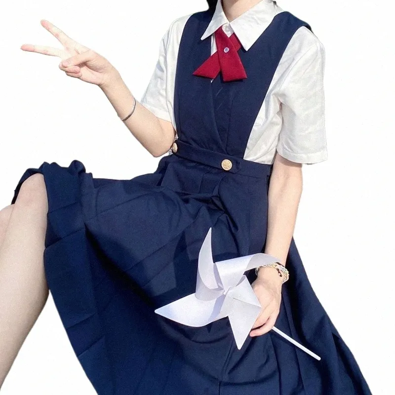 Японская девушка Sundr Sleevel Сарафан плиссированный Dr High School JK Sailor Uniform Косплей Seifuku Студенческая одежда Темно-синий/красный L76K #