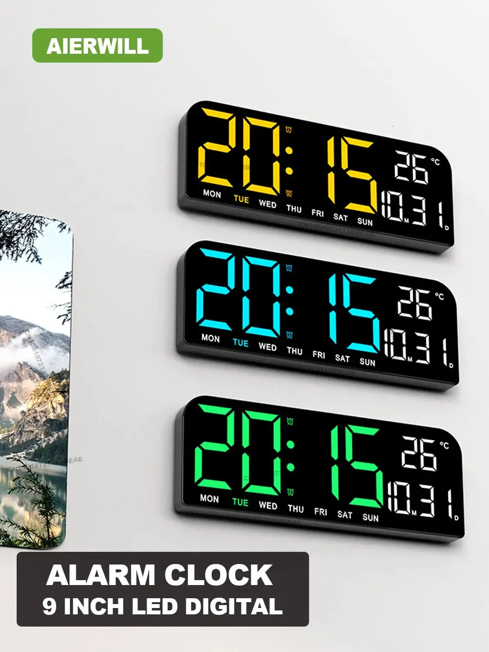Relógio de parede digital grande de 9,0 polegadas, temperatura e data, exibição da semana, modo noturno, despertador de mesa, 12/24h, relógio eletrônico LED 240326