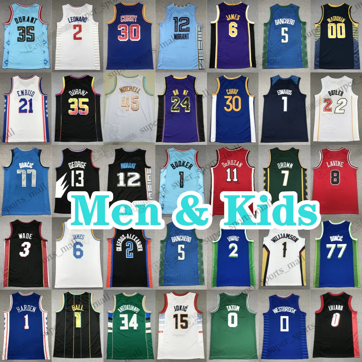 Men kids Basketball Jerseys 2 Kyrie 30 Curry 23 james Stephen 0 Jayson Tatum 1 LaMelo ball 12 Ja morant 35 Kevin Durant Damian Lillard Russell Westbrook 0 Tyrese Maxey