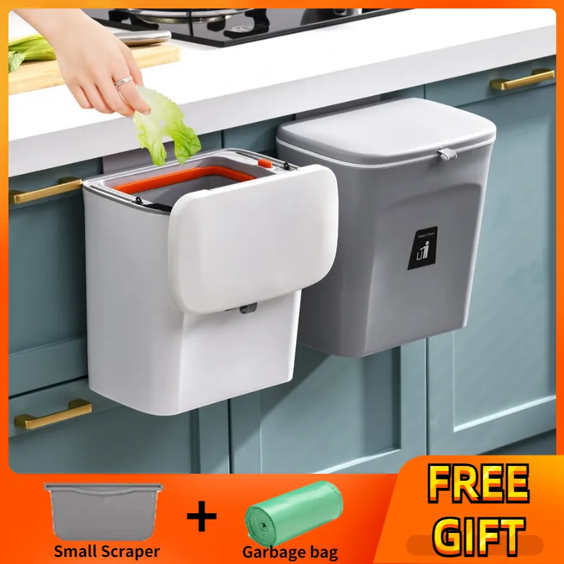 Poubelle Suspendue & Murale avec Couvercle, 10L ​​Poubelles Cuisine Compactante Pliable, Seau​ Compost Anti-Odeurs Petite pour Portes Armoires Sous Evier Camping Salle Bain Bureau Voiture (Blanc