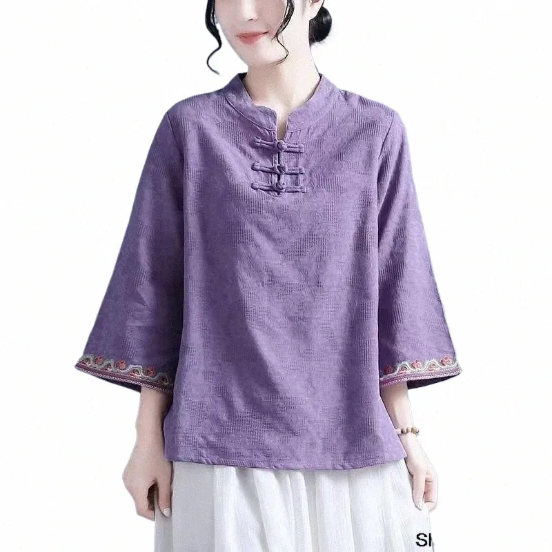 Wiosenne letnie haft elegancki vintage Chegsam Hanfu Chinese Chinese Traditial Style Women Clothing Vintage LG Tope Femal Top I7eo#