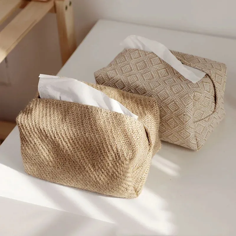 간단한 조직 상자 천연 황마면 및 린넨 천 아트카 흡입 종이 상자 저장 가방 가족 거실 테이블 사용