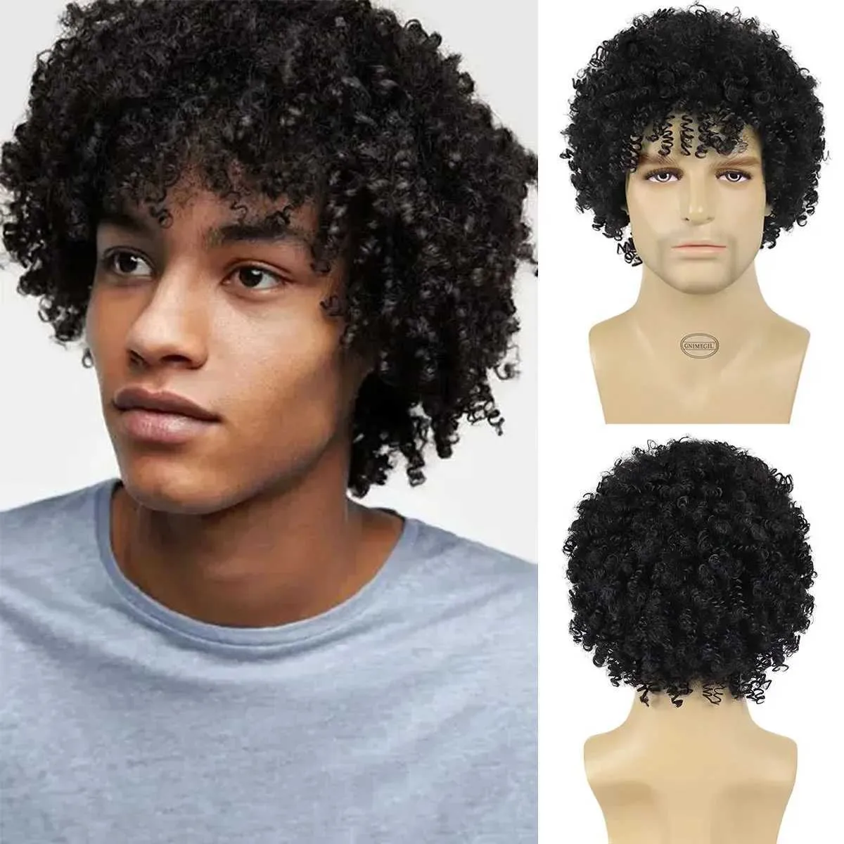 Nxy Vhair Parrucche Gnimegil Sintetico Capelli Corti Neri Parrucca Afro Crespa Riccia con Frangia Naturale Soffici per Uomo Cosplay Ad Alta Temperatura 240330