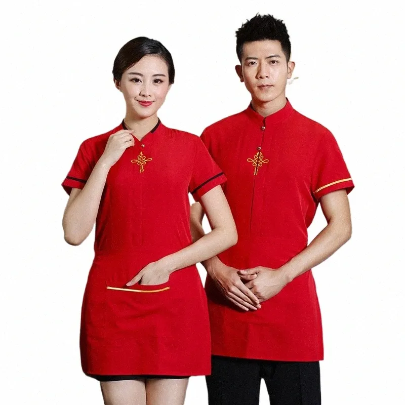 Spot Hot Pot Shop Trabalho Roupas de Verão Feminino Jantar Teahouse Garçom Manga Curta Estilo Chinês Abril Hotel Uniforme M9P0 #