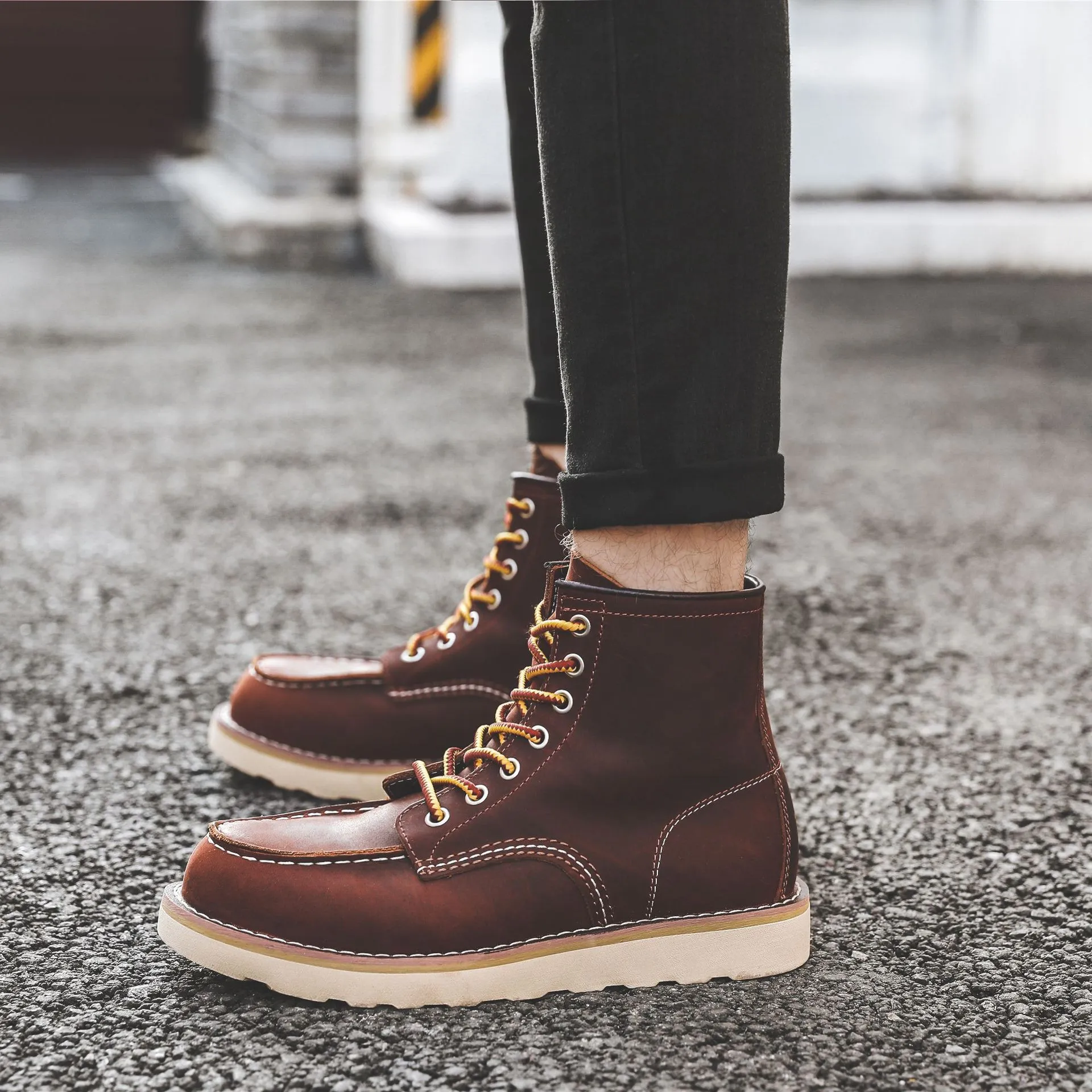 Herren Frühling Winter Freizeitschuhe Runde Zehen Echtleder Arbeitsstiefel Knöchel Vintage Militär Motorradstiefel Schnee Warm Große Größe_voghion.com