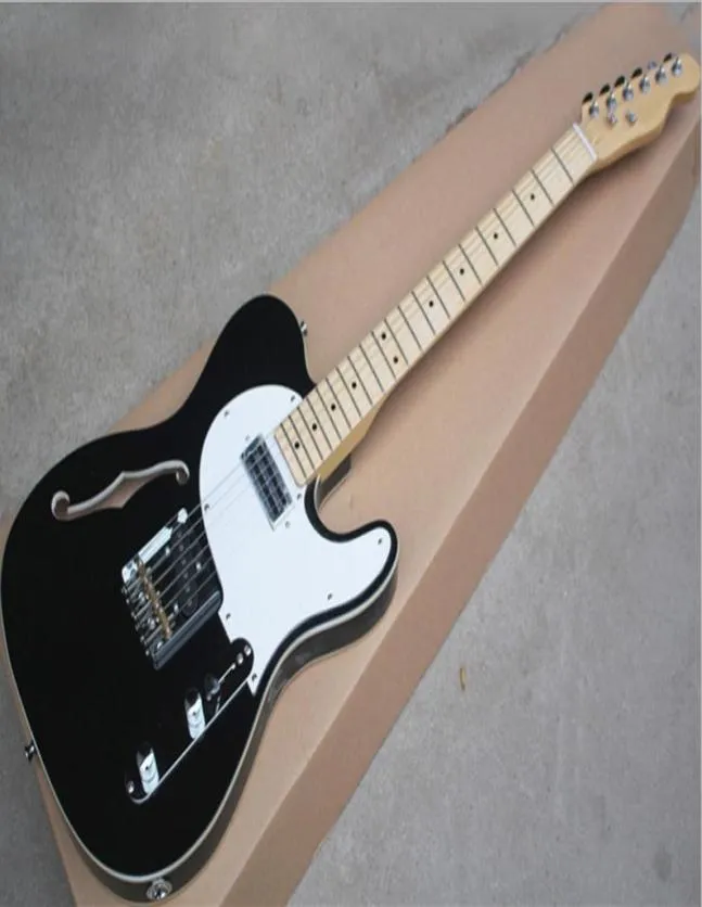 Guitare électrique Semi-creuse noire entière avec un trou f, Pickguard blanc, touche en érable, peut être personnalisée 6723118