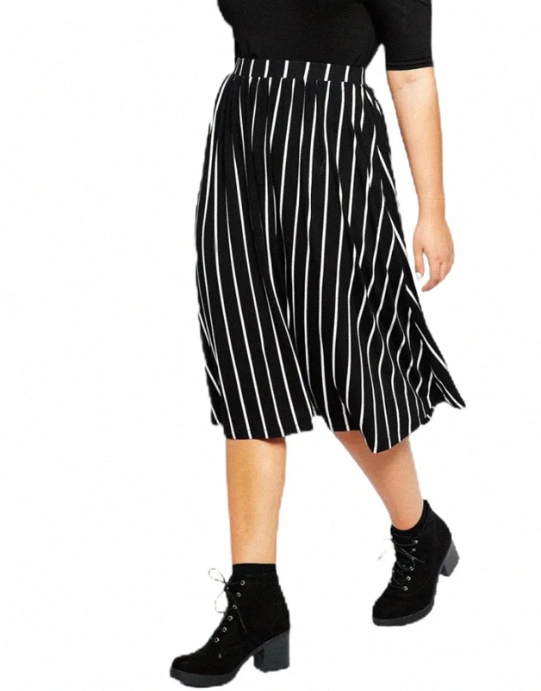 プラスサイズエレガントなfiハイエラスティックウエストストライプスカート女性夏の春の黒と白のカジュ​​アルミディスカート大規模8xl m4t2＃