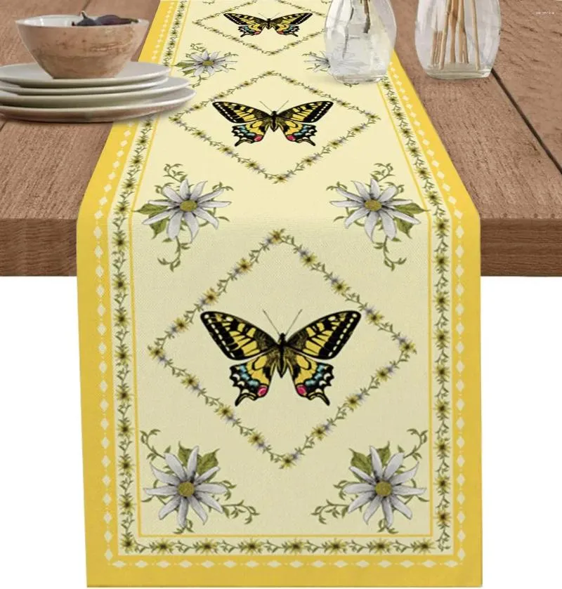 Table Cloth Summer Daisy Flower Butterfly Linen Runners Spring Floral Dresser Scarf Decor Farmhouse Kitchen Dining