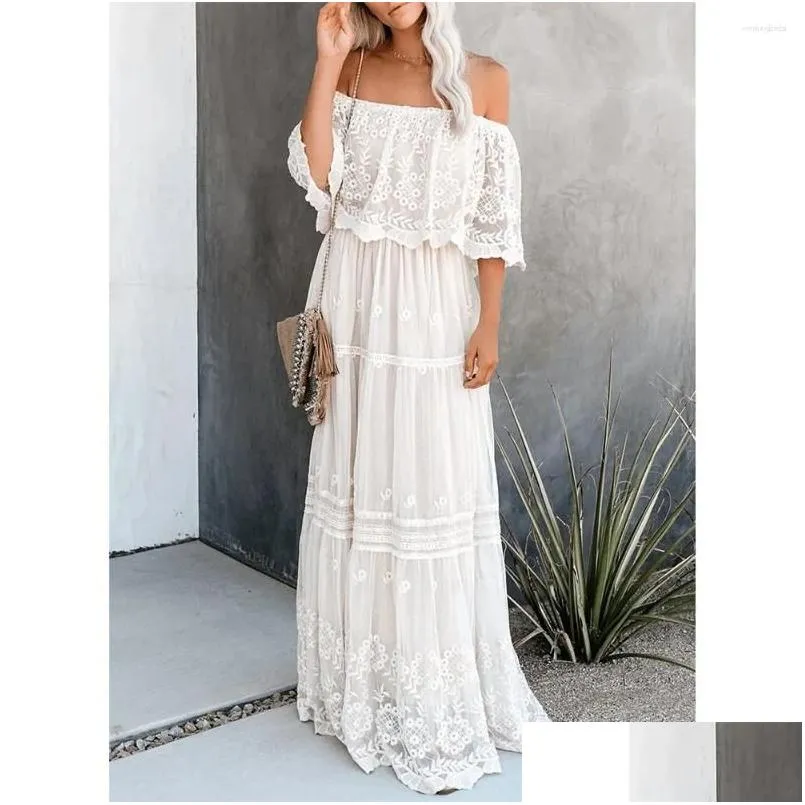 Podstawowe sukienki swobodne Happie Queens Women White Lace Off Shoder Bohemian Maxi Batwing Rękaw Y