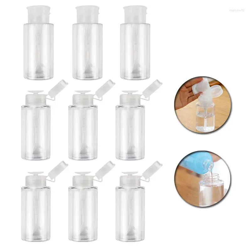 Garrafas de armazenamento 10pcs empurrar para baixo dispensador de bomba vazia com tampa superior flip para removedor de esmalte de unhas garrafa transparente de álcool 200ml cosméticos