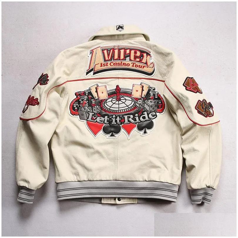 جاكيتات الرجال Avirex Hip Hop Wide Sheepes Sheepskin الجلود سترة كلاسيكية كازينو تطريز الرغوة الإسقاط إسقاط ملابس الملابس Clothi Oto0g