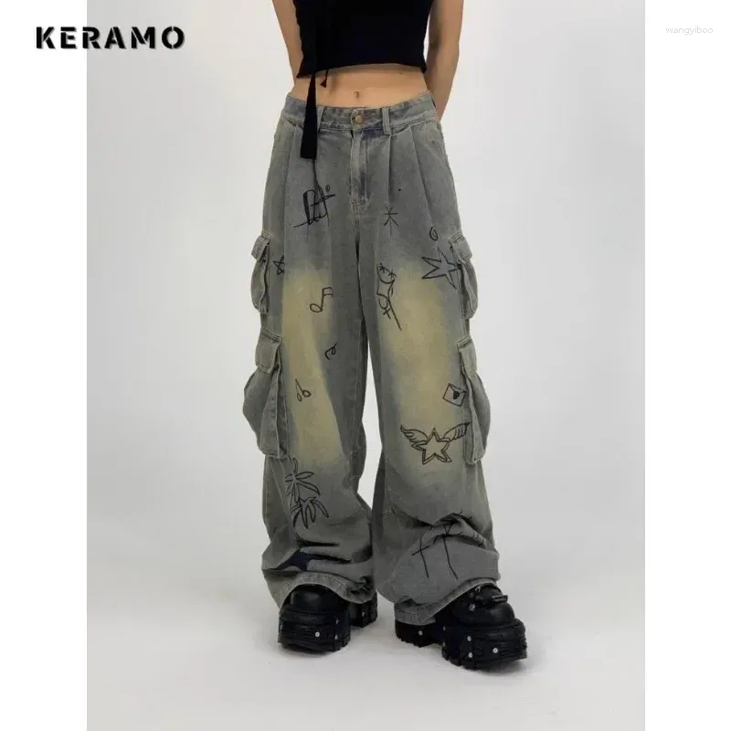 Jeans femininos americano vintage baggy y2k perna larga grunge estilo de rua alta impressão calças casuais cintura reta denim