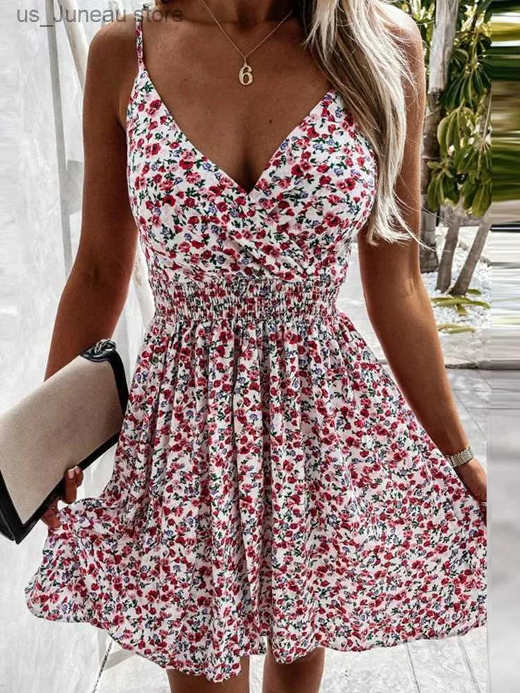 Vestidos casuais básicos mulheres retro estampas florais cintura elástica mini vestido sexy dp v pescoço slveless sling vestido de verão sem costas vestidos de senhora vestidos t240330