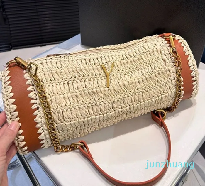 2024 Woman Straw Beach Bags pillow shoulder bags fashion chain purse medium size Gold Letter