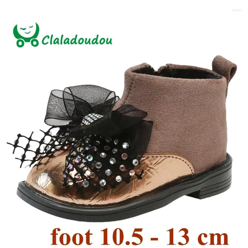 Botas Claladoudou 11.5-13.5cm Marca Bebê Moda Inverno com Bling Strass Zip Princesa Sapatos de Festa 0-2Y Criança Meninas Sapato
