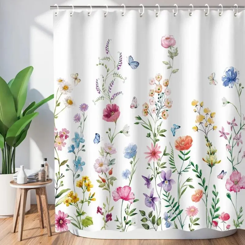 Shower Curtains Floral For Bathroom Flower Watercolor Plant Leaves Curtain Home Decor Washable Accessories Set