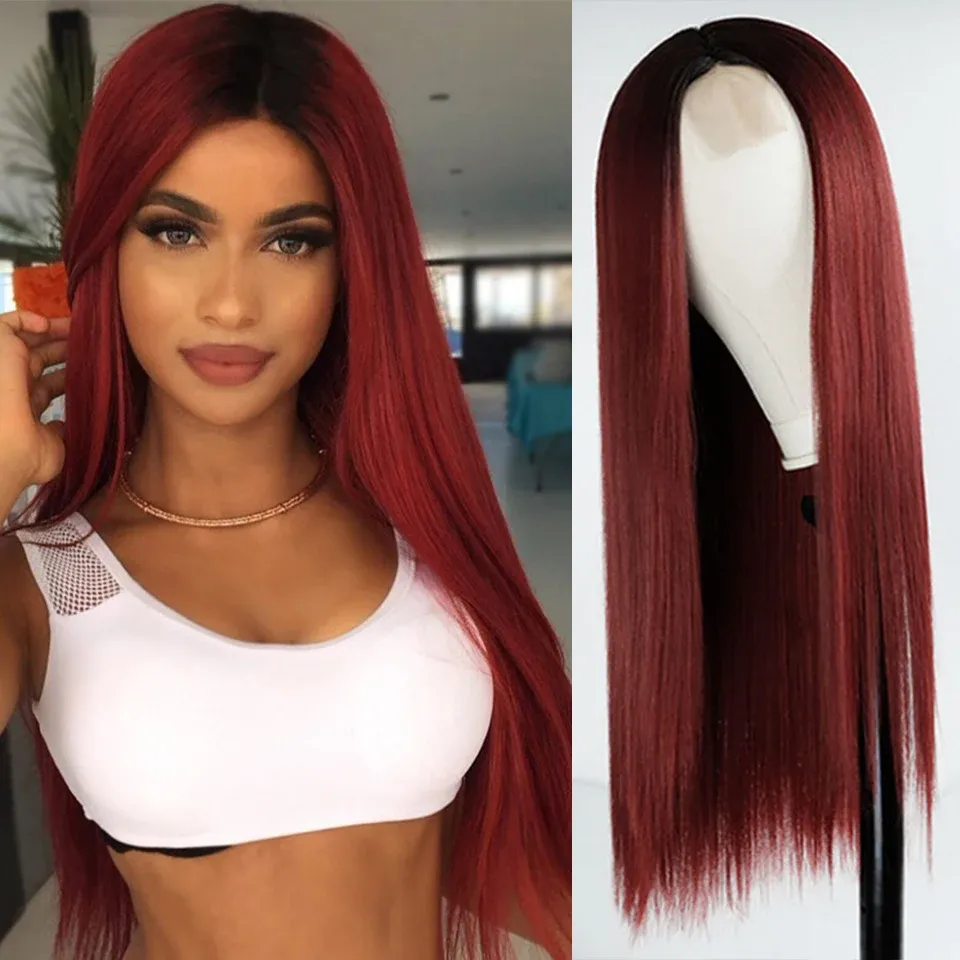 Wigs Synthetic Wig Long Straight Hair Wig Wine Red Ladies Natural Hand Middle Heatresistant Fiber Daily Wig