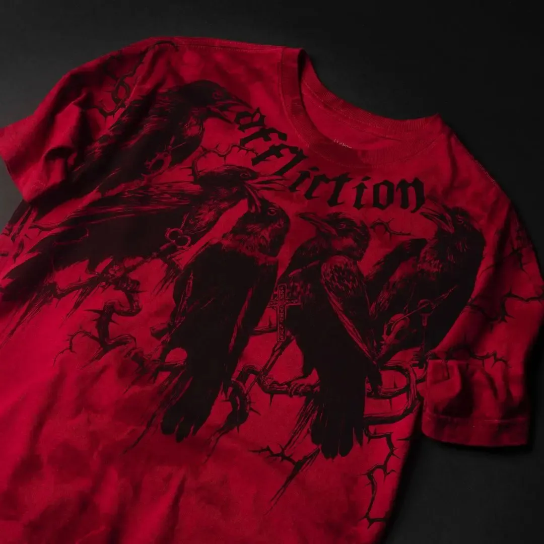 Retro estilo gótico moda impressão vermelho em torno do pescoço solto tshirt mens rua hip hop casual lixo y2k 2000s 240315