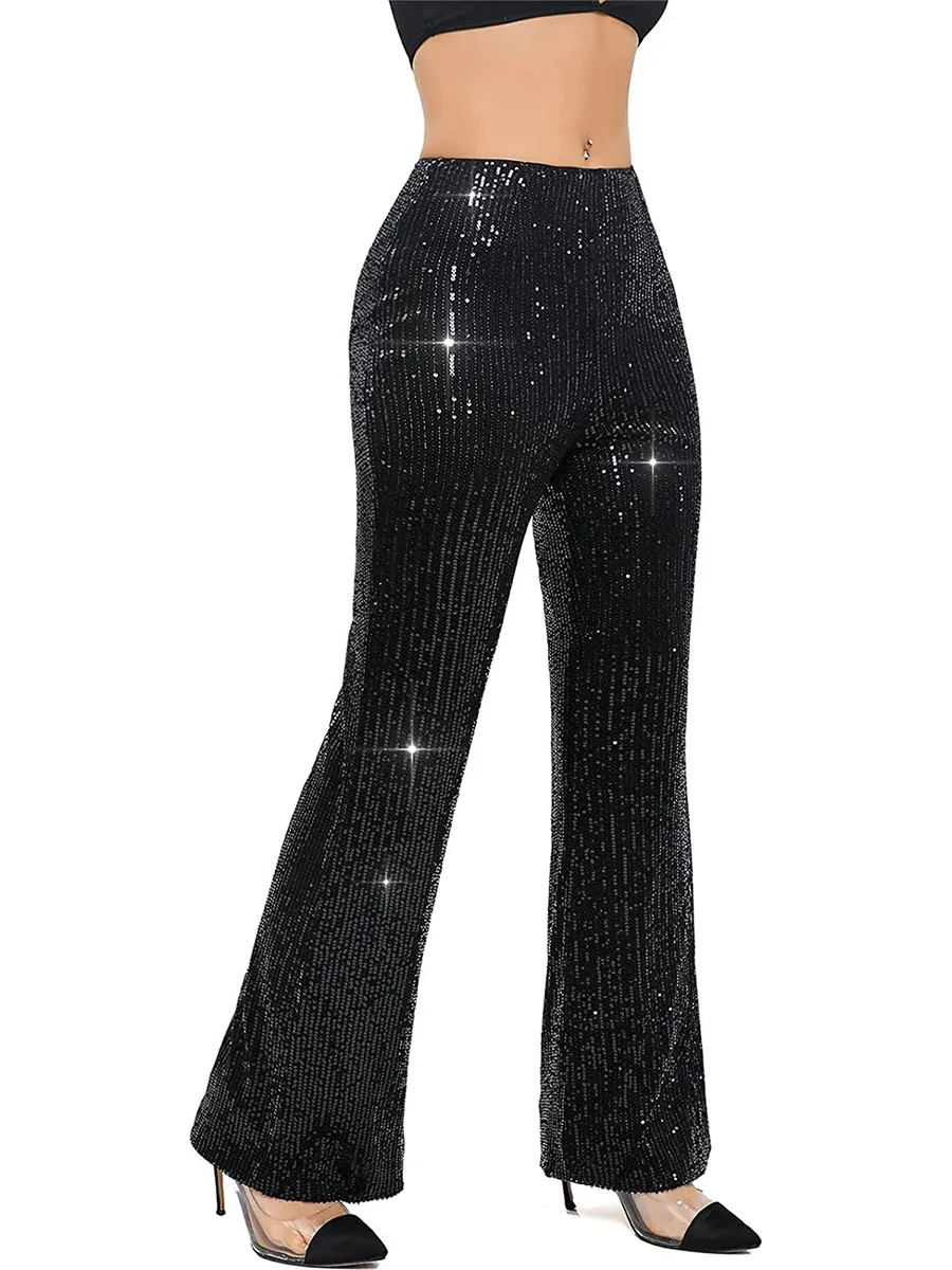 Pantalon à Paillettes Femme Taille Haute Jambe Large 2025 - Style Évasé Pour Soirée, Club, Événement
