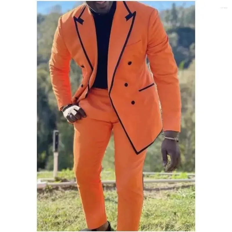 Herenpakken Oranje Mannen 2 Stuks Zwart Trimmen Piekte Revers Kostuum Homme Bruiloft Bruidegom Tailored Made Blazer Sets