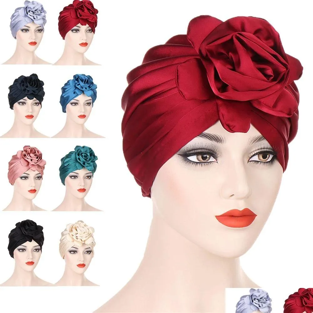 Beanie/Skull Caps New Satin Women King Flower Turban Hair Accessories Wedding Chemo Beanie Hat Ladies Scarf Cap For Loss Fas Dhgarden DHX4Y