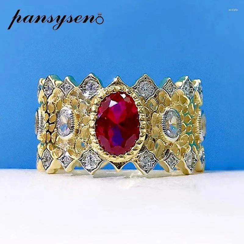 Bagues de cluster Pansysen Vintage 925 Sterling Silver Ruby pour femmes 18K Jaune Or Couleur Bague de mariage Fine Bijoux Cadeau en gros