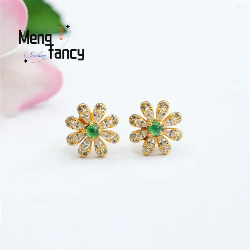 Studörhängen Natural S925 Silver Inlaid Jadeite Emperor Green Eight Petal Flower Earring Charm Elegant Personalized Fashion Exquisite