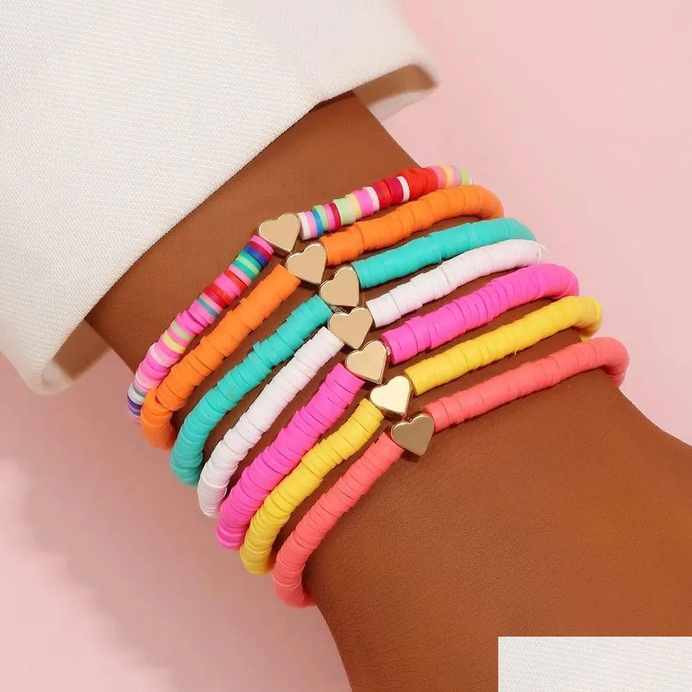 Pulseras Heishi con cuentas Conjunto de cuentas Hilos Arco iris Oro Amor Corazón Encanto Estiramiento 4 mm Arcilla suave Apilable Pulseras Boho Gif Dhgarden Dhlme