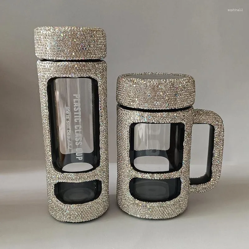 Copas de vino con diamantes de imitación espumosos, taza de oficina de vidrio de doble pared, bebida fría con alto contenido de boro, taza recta con asa, botella de agua, whisky