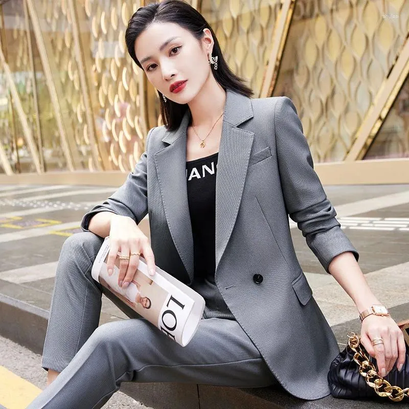 Women's Two Piece Pants Autumn And Winter Long Sleeve Solid Color Single-Breasted Gray Business Wear Two-Piece Set Work Uniforms Black Women