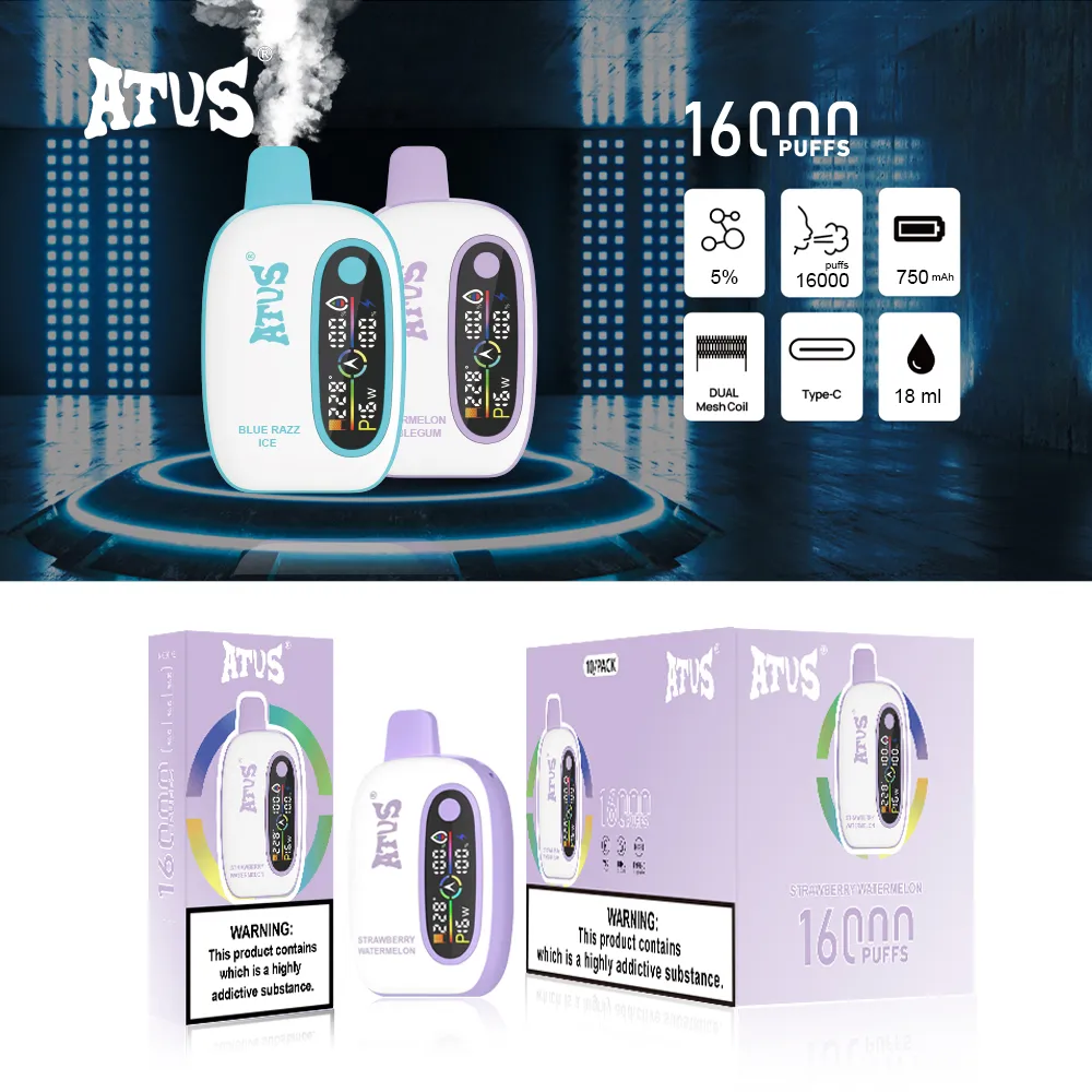 Authentieke ATVS Puff16K Puff16000Bar Wegwerp VAPE Oplaadbaar met intelligente display Pod 750mAh vooraf gevulde 18ml Desechable 16Kpuff Vapes Pen