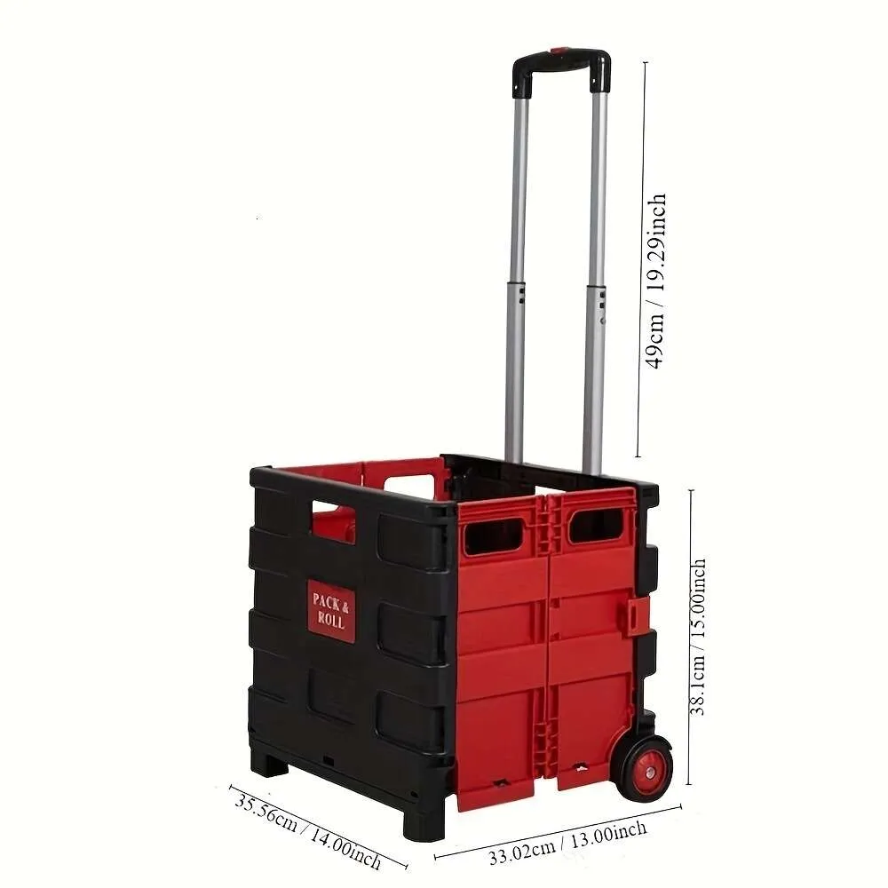 1 unidade, carrinho de compras dobrável multifuncional de duas rodas carrinho leve portátil com comprimento ajustável da alça - preto e vermelho