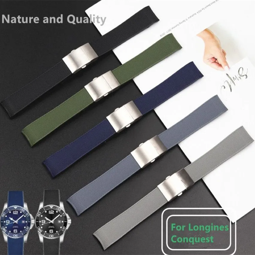 21mm soft Rubber Silicone Watch Strap Black Blue Gray Green Folding Buckle Watch Band Suitable for Conquest Watchband226e