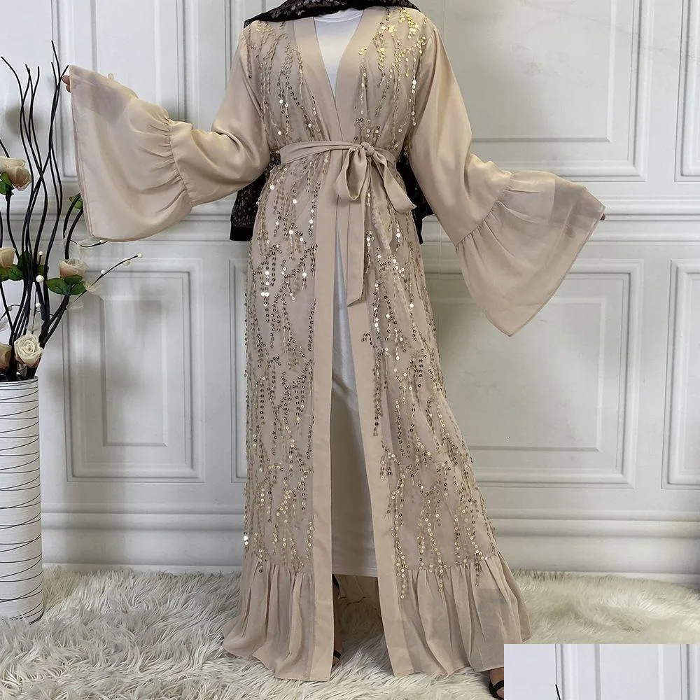 Etnische kleding vrouw moslim abaya pailletten chiffon vest jurk mode casual kalkoen kaftan S 230324 droplevering kleding Otriq