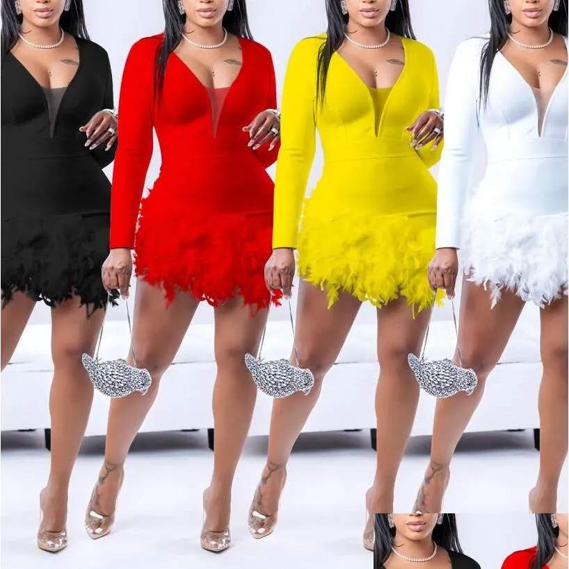 Vestidos estilo de rua hirigin y mulheres mini bodycon vestido malha trabalho pena guarnição manga longa queda eveing festa vestido feminino gota de otakg