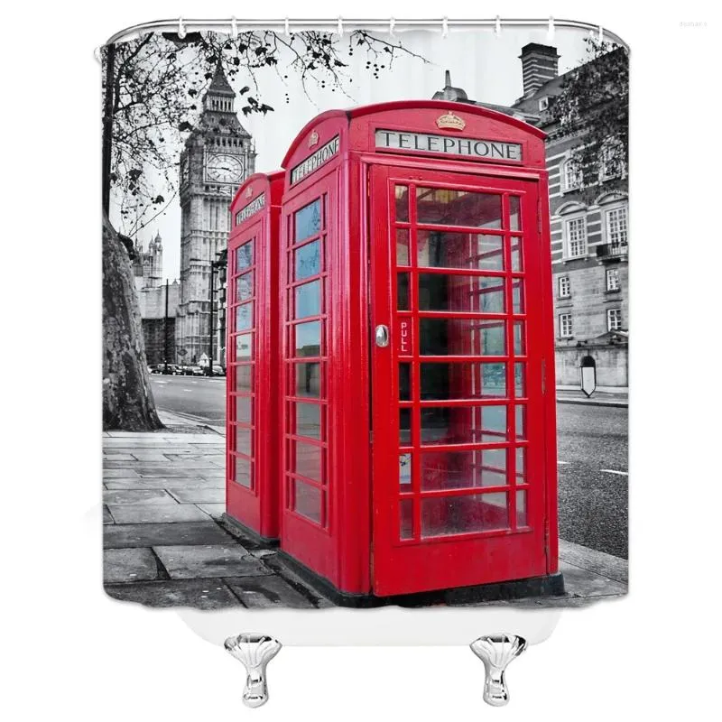 Shower Curtains Retro London Telephone Booth Bathroom Curtain Big Ben Red Scenery Waterproof Polyester Fabric For Art Bathtub Home Decor