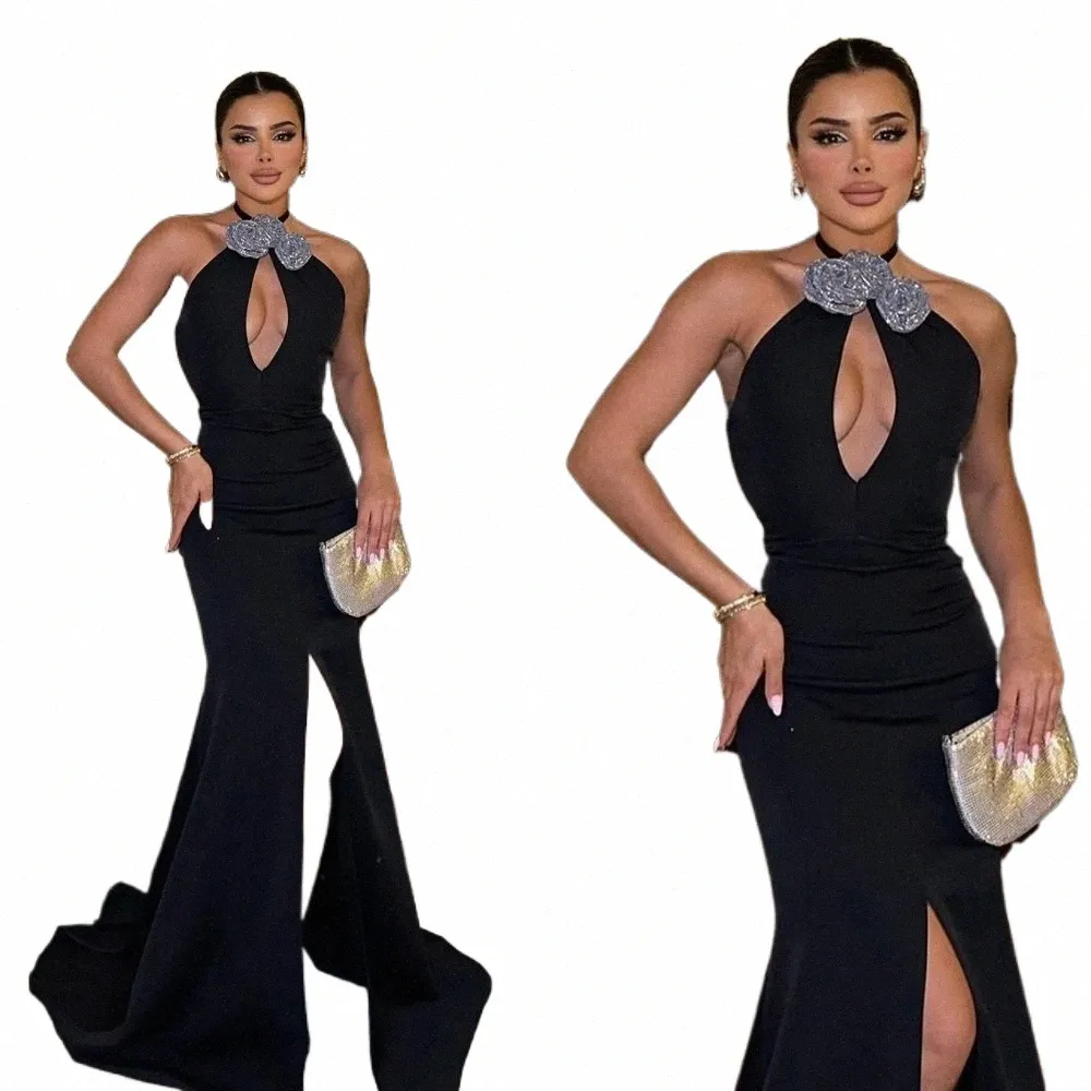 prom Dr Exquisite Halter Mermaid Sweep Brush Evening Gown Fr Hing Satin Customized s1zt#