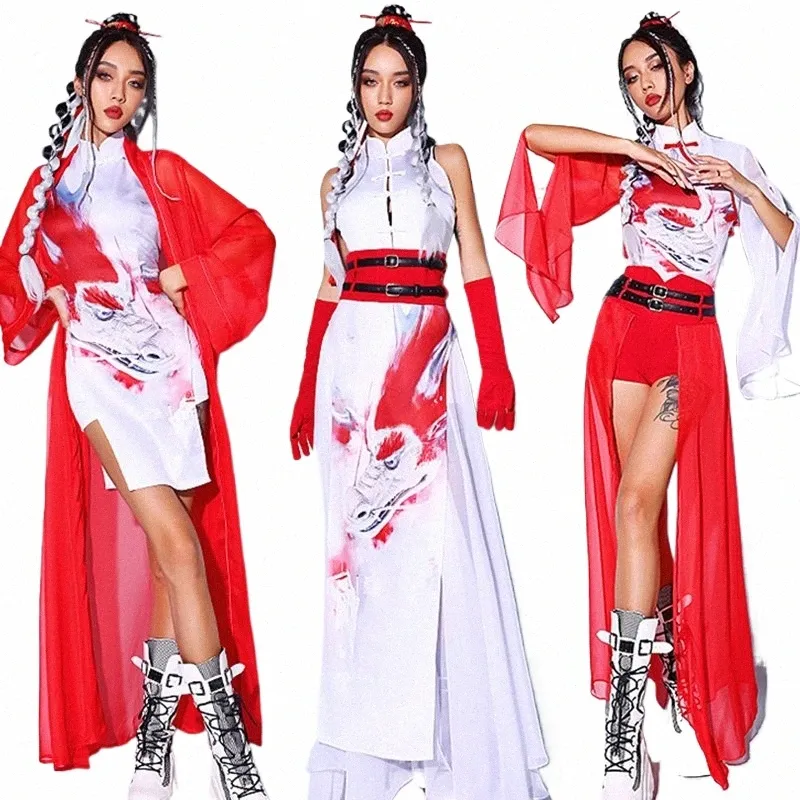2024 Kpop Jazz Abiti da ballo Donna Stile cinese Abito bianco Discoteca Gogo Dacer Performance Abiti Bar Dj Abbigliamento Rave L12239 67rx #