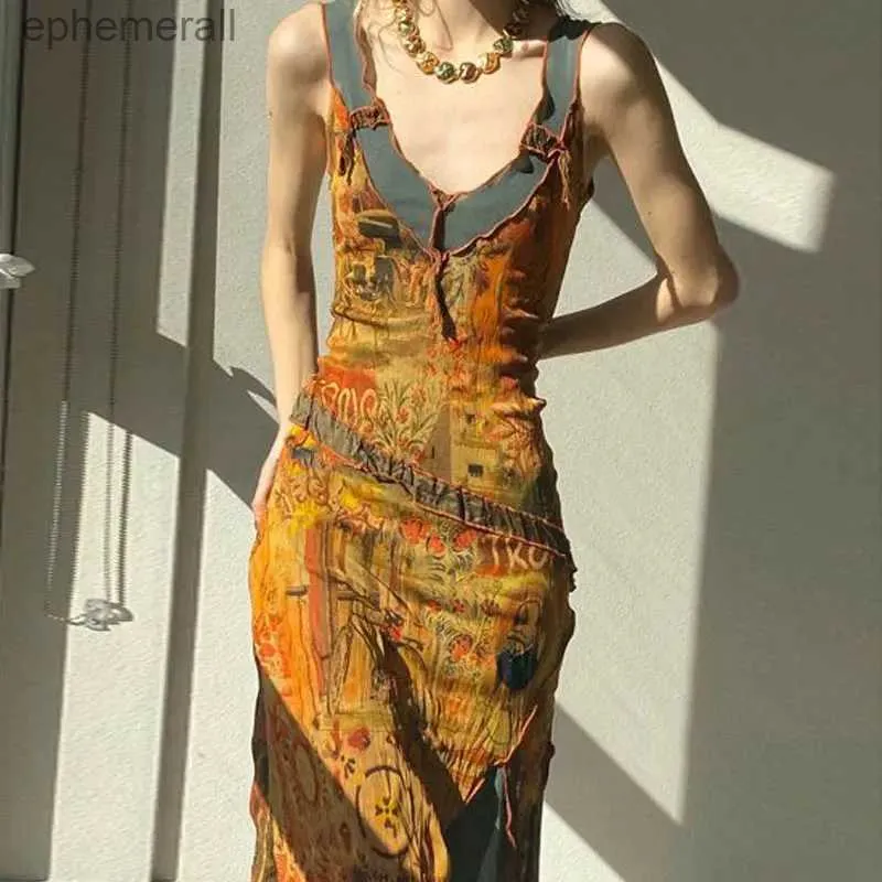 Vestidos sexy urbanos moda vintage pintura a óleo magro feminino elegante dobras com decote em v retalhos sem mangas verão borla irregular midi vestido yq240330