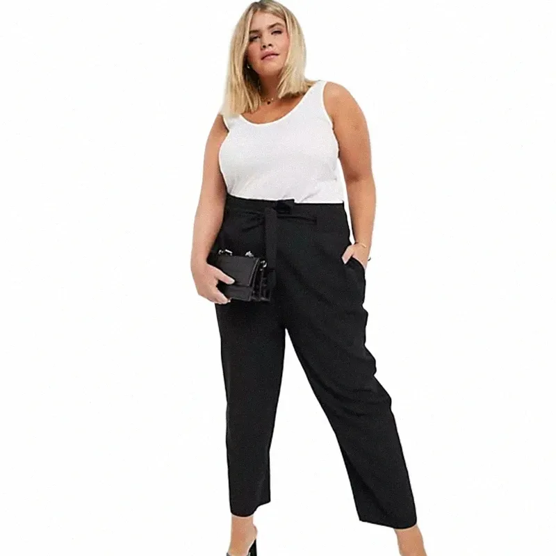 plus la taille cravate taille bureau de travail élégant pantalon sur mesure femmes poches latérales noir pantalon de cheville conique pantalon grande taille 6XL 7XL D2xB #
