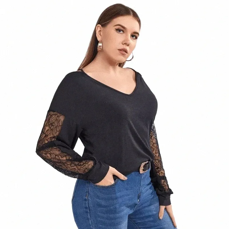 Plus Size Casual Blusa Mulheres Sexy V-neck Lace Patchwork Gota Ombro LG Manga Elegante Fi Primavera Top T-shirt Feminino 6XL w7Sc #