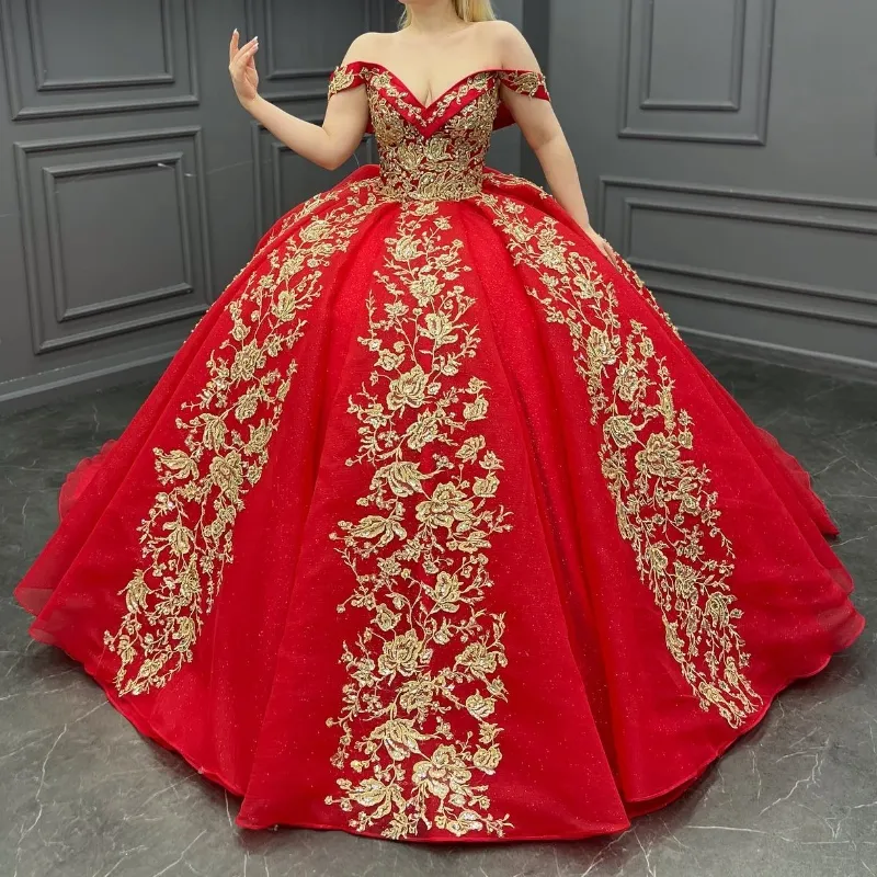 Red Quinceanera Dresses Off The Shoulder Ball Gown Gold Applique Lace Beads Birthday Party Vestidos De 15 Anos Sweet 16