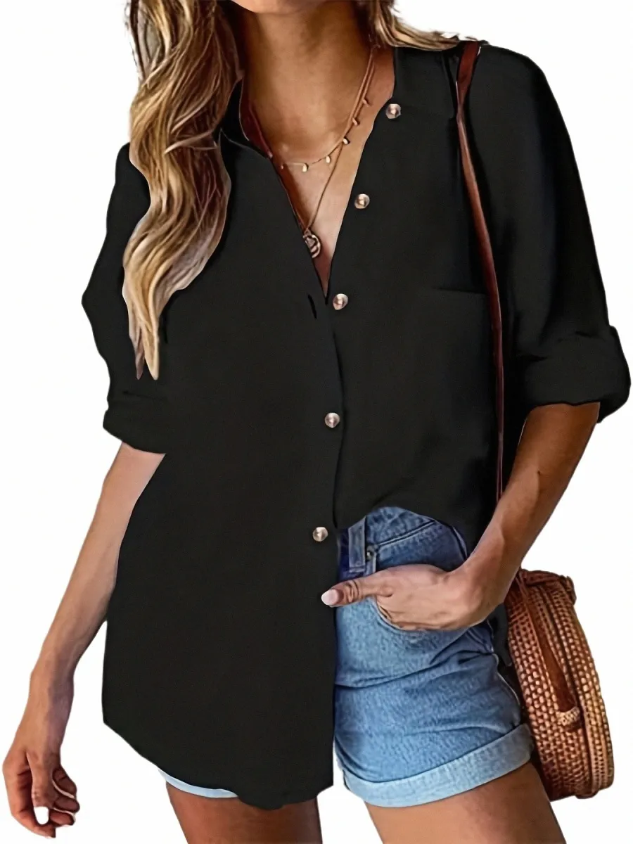 Plus Size Button Down Shirt - Women's Long Sleeve Casual Blouse Top ...