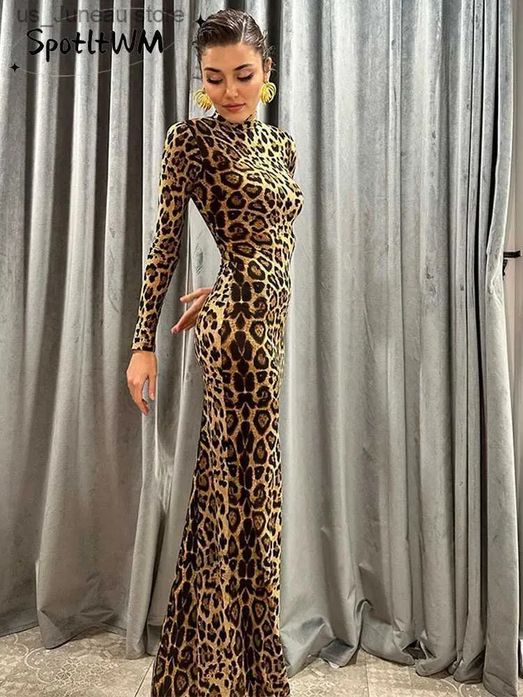 Temel gündelik elbiseler moda leopar baskısı bodycon maxi elbise kadınlar zarif yarım yüksek yakalı uzun sürtün