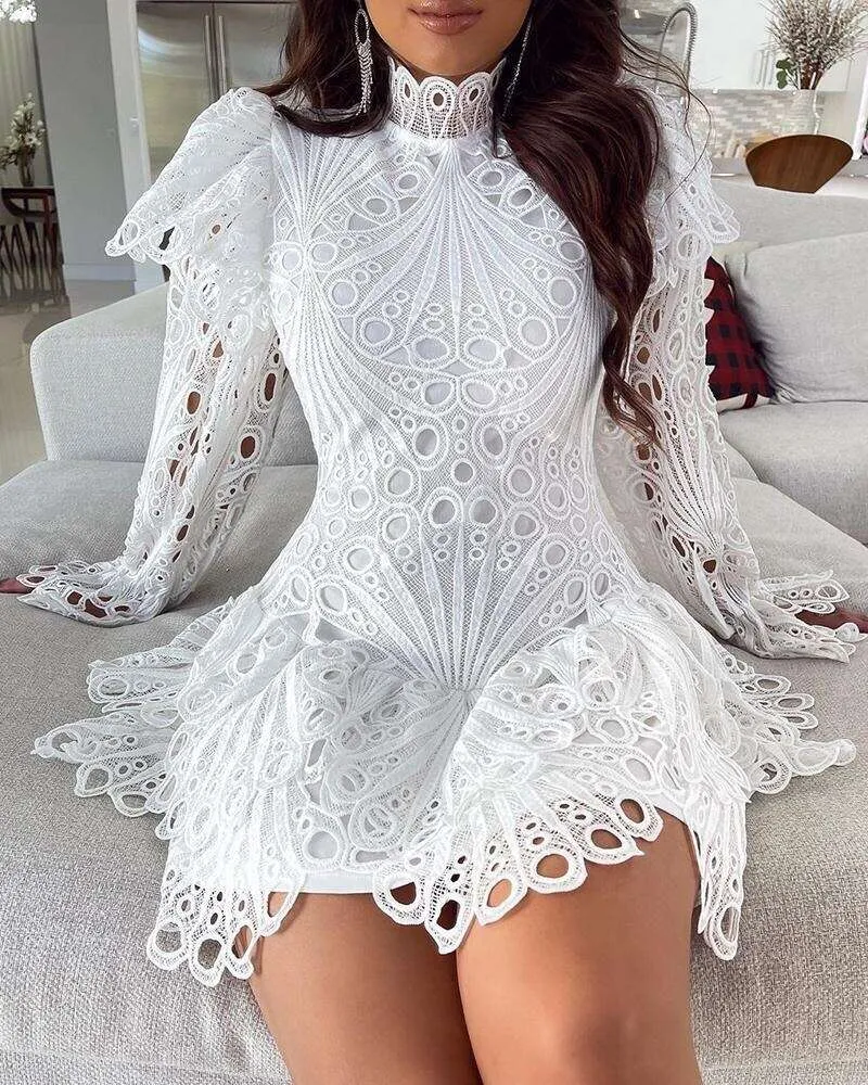 knee length dresses for ladies White Lace Mini Dress with Long Sleeves - Freya Mini Dress main image 1