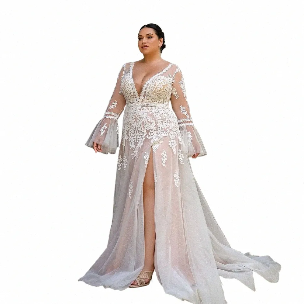 Evon NUPCIAL Boho Plus Size Casamento Dr Lg Mangas Illusi Voltar Applique A Linha Vestidos de Noiva Ver Através Vestido De Novia F773 #