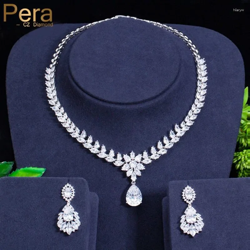 Conjunto de collar y pendientes Pera, circonita cúbica de alta calidad, colgante de gota de agua con forma de marquesa grande, boda y joyería nupcial J471