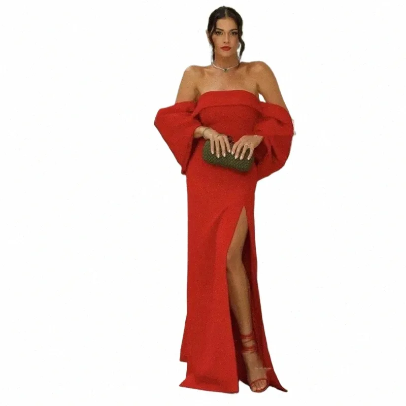 Sexy vermelho sereia noite dres para mulher fora do ombro lado dividir convidado de casamento dr robe 2024 simples vestidos de baile r2d1 #